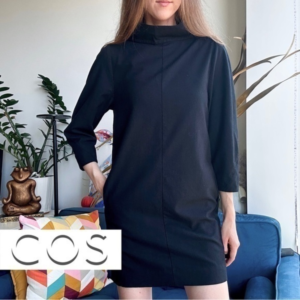 COS Wool Black Mockneck 3/4 Sleeve Mini Dress XS (2)